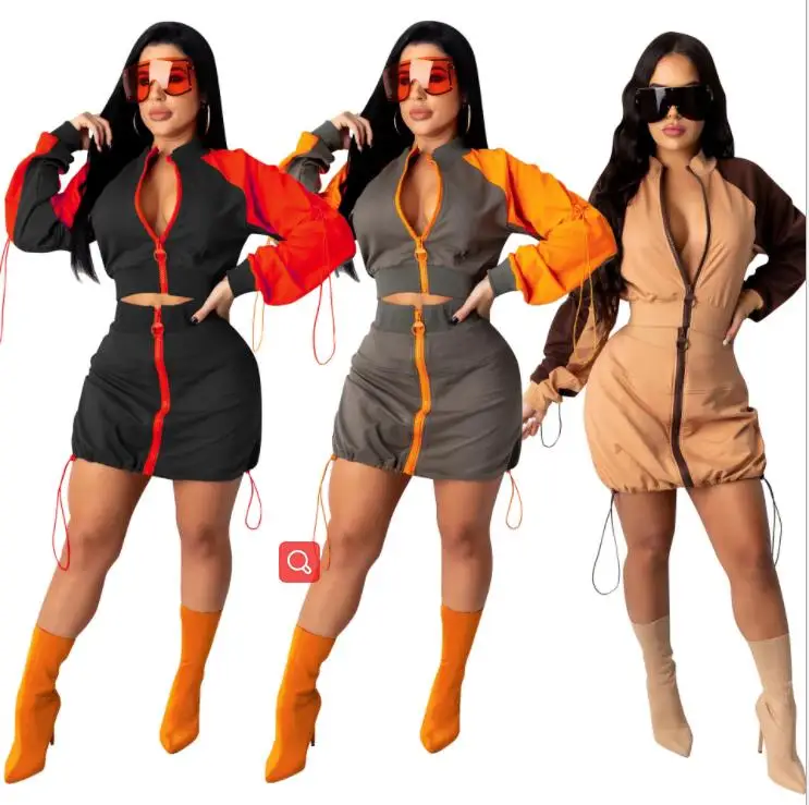

YD-CM805 2021 women fashion color patchwork long sleeve two piece skirt set