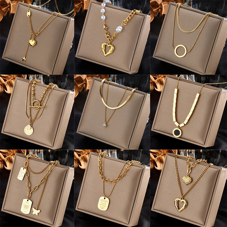 Simple Punk Gold-Plated Butterfly Collar Non-Tarnish Double Layered Stainless Steel Heart Choker Necklace for Women for Gifts