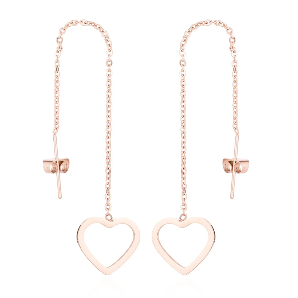 

hot sale simple design Long Chain earring Jewelry stainless steel heart pendant earrings for women Wire Earrings