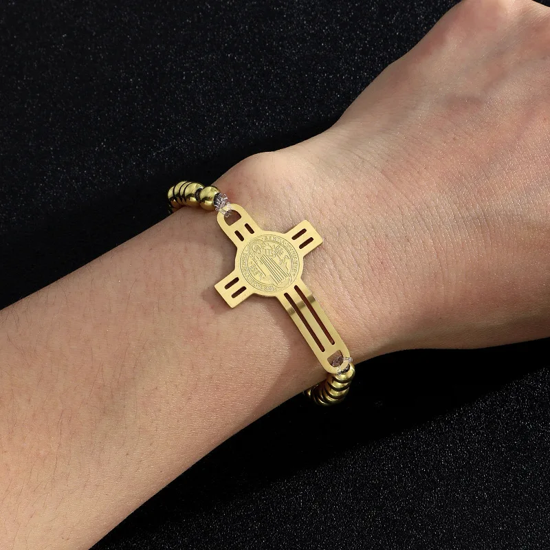 

Wholesale 18k Gold Black Plated Cross Stainless Steel Pendant Bead Chain Sequential Prophet Bracelet For Men