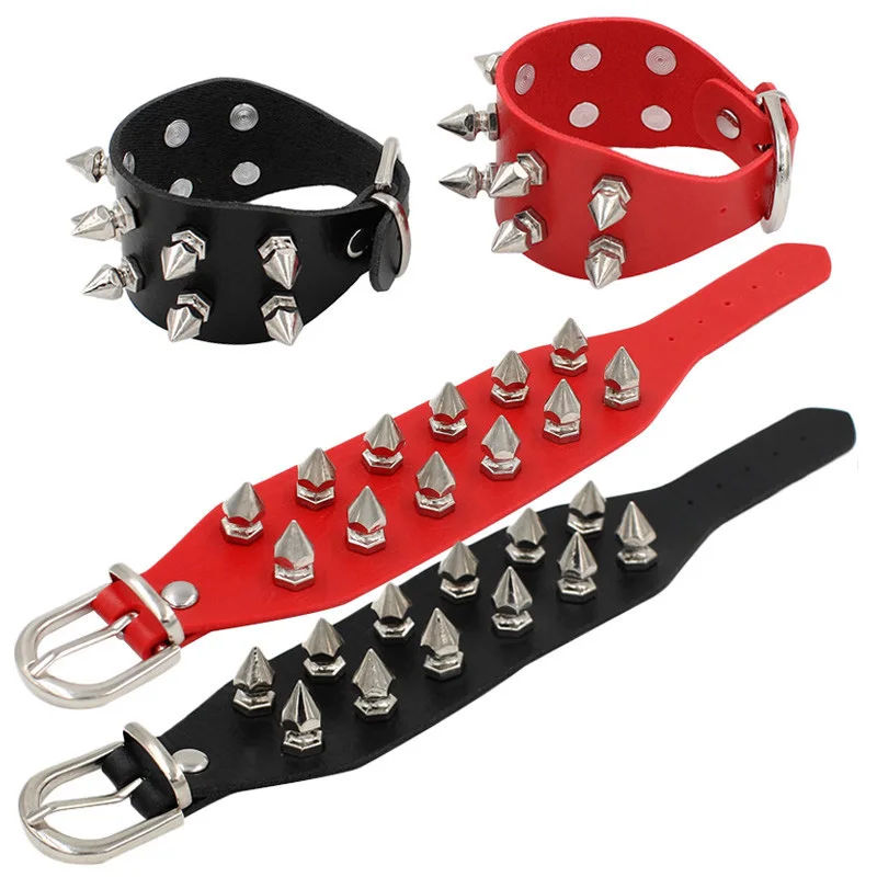 

Punk PU Leather Jewelry Alloy Spike Rivet Leather Bracelet, Silver