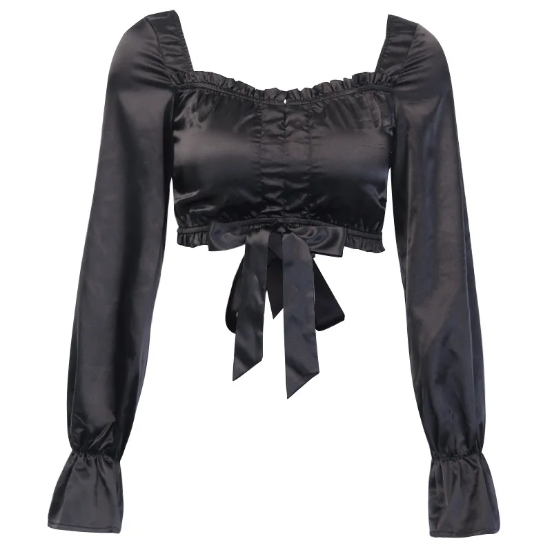 

2020 new arrivals fashion sexy long bubble sleeves square neckline silk satin women crop tops