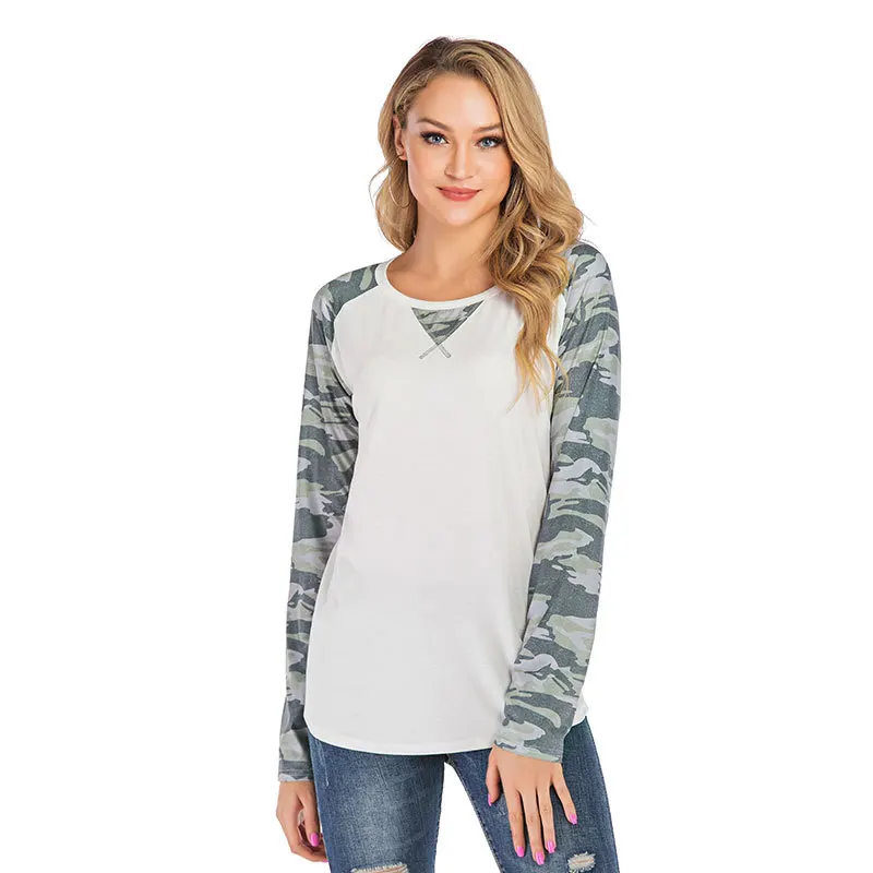 

Fashion Casual Camouflage Striped Splicing T-Shirt Tee For Women 2020 Fall Winer