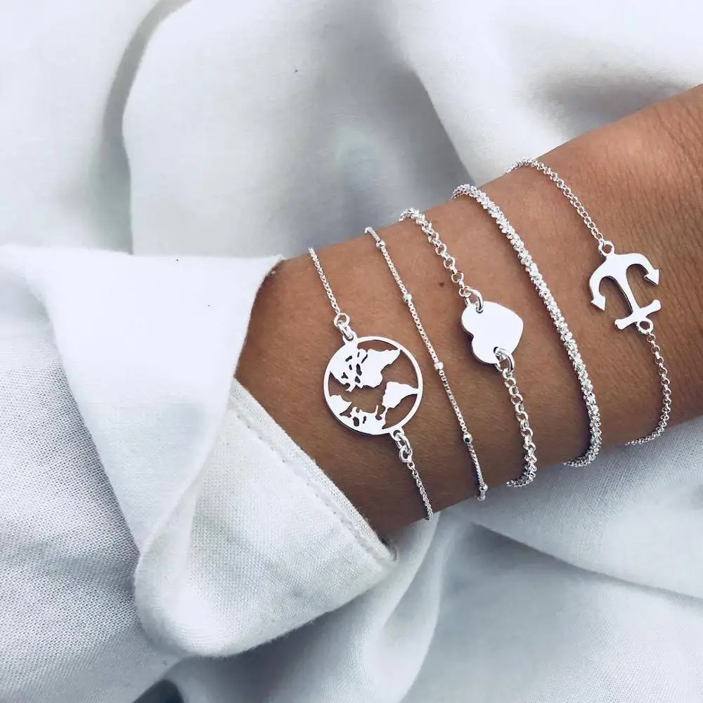 

5 Pcs Chain Bracelet Jewelry Set Silver Plated Metal Anchor Heart Map Women Handmade Bracelet Set