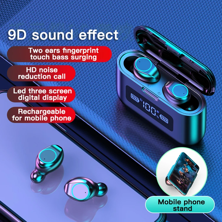 

Mini Wireless Headphones 2000mAh Charging Case LED Display Waterproof Headphone With Microphones TWS Wireless 5.0 Earphones F9, Black white
