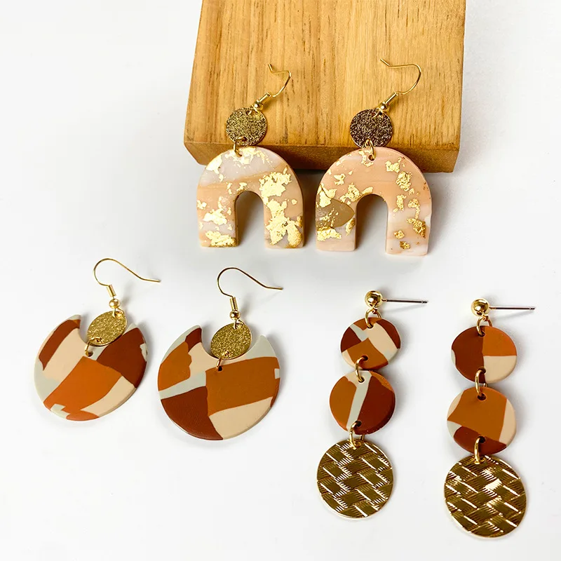 

OUYE New handmade soft clay earrings jewelry female ins retro geometric soft clay earrings design sense for women gift, Colorful