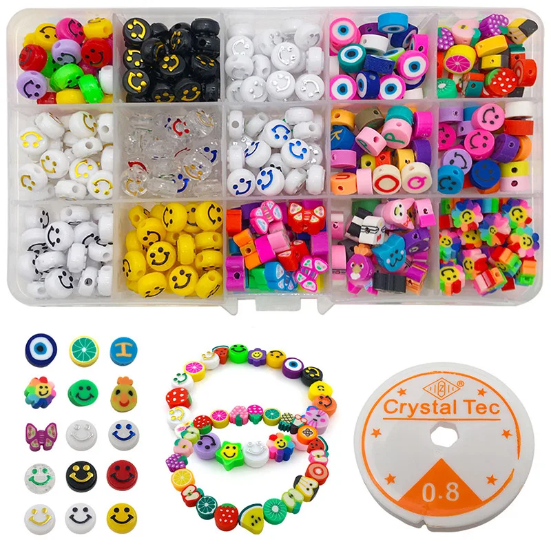 

375 pieces Smiley bead kit for bracelet making , fruit letter clay beads thread smile beads set for DIY, Mixed