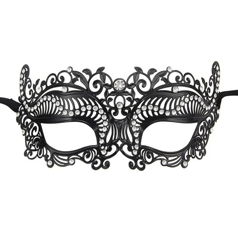 

044B New Fashion Women Carnival Masquerade Shape Lace Coated Metal Face Party Fun Real Human Mask, Black