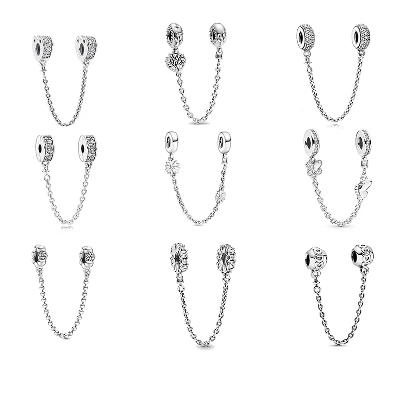 

Silver 925 Sparkling Clear Sparkle Flower Safety Chain Charm Bead Fit Original Pandora Bracelet Pendant DIY Jewelry For Women