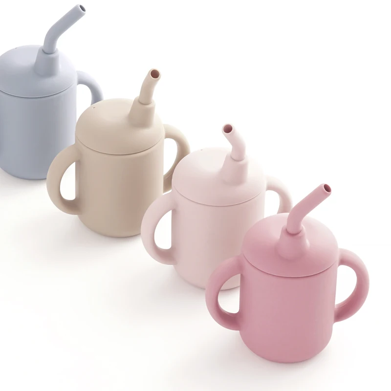 

New Durable Silicone Straw Cup High Quality Drinking Bottles New Design Eco-friendly Kids Training Feeding Cups, Customized