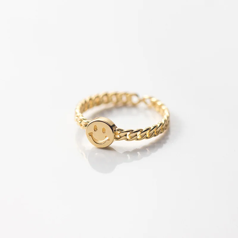 

925 Sterling Silver Retro Style Golden Chain Hollow Smiley Index Finger Rings For Women Jewelry