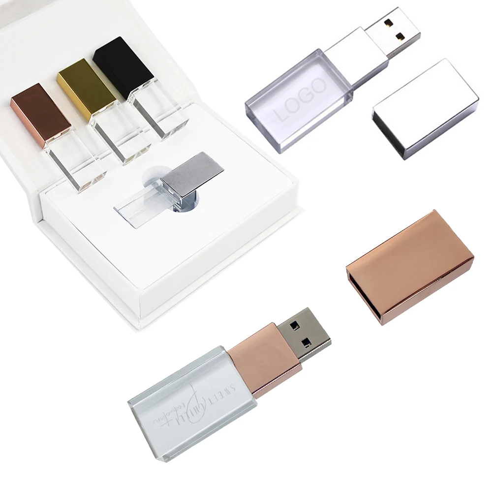 

Custom USB Flash Drive Transparent Glass USB Stick with Lighting Logo 4GB 8GB 16GB 32GB 64GB 128G OEM Pen Drive Promotional Gift