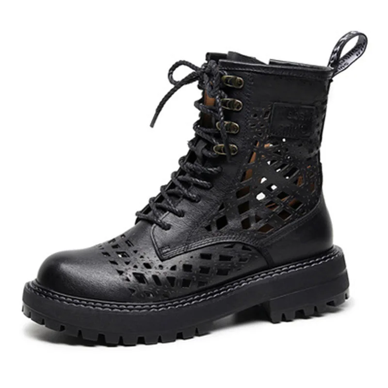 

Summer Lace up Shoe Bootie Women Hollow out Flat Leather Ankle Boots, Yellow/black/brown