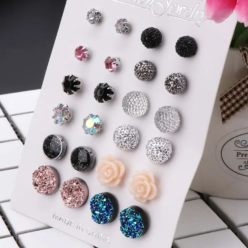 

12 Pairs Assorted Crystals Druzy Resin Stone Round Stud Earrings Set Women