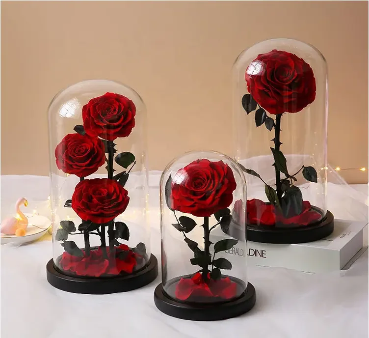 

Wholesale clear glass dome forever rose in glass with wooden base preserved rose in glass dome flower arrangement preserved