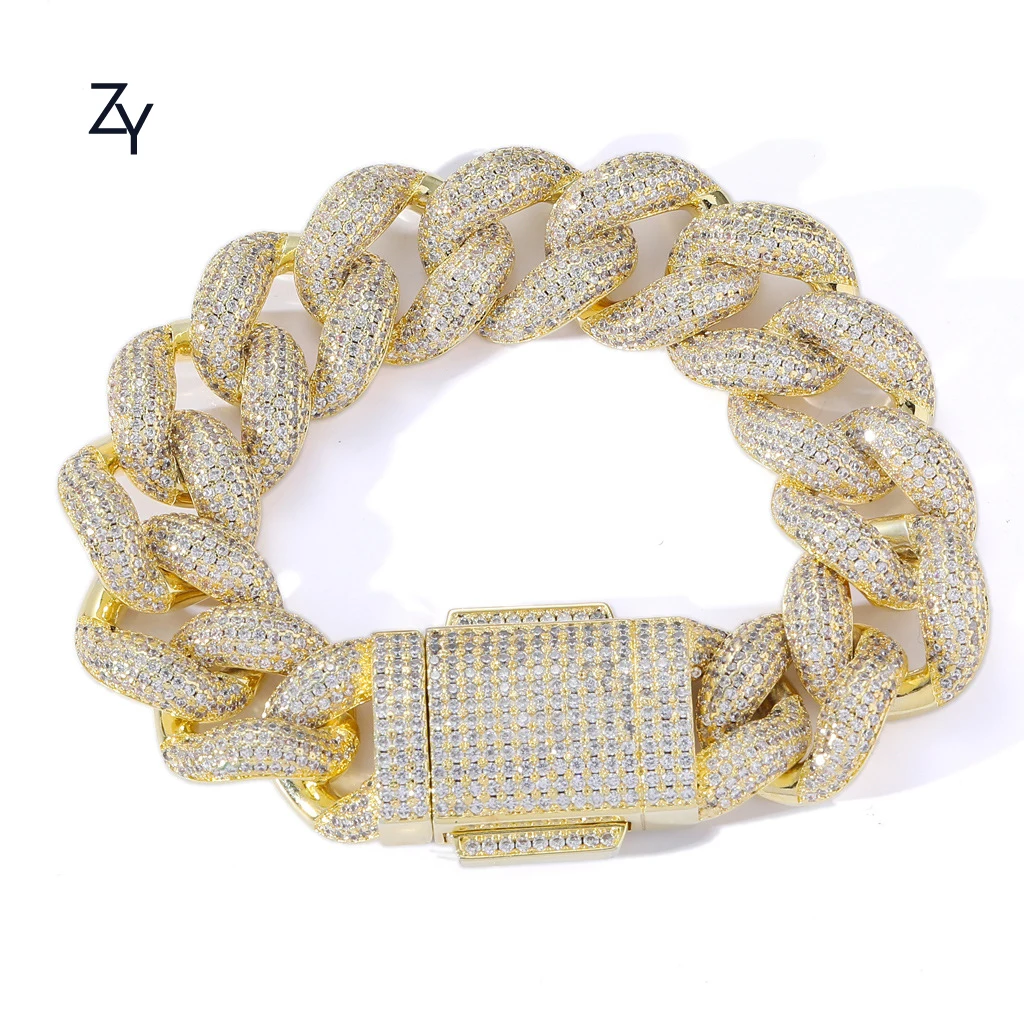 

Ready to ship Wholesale Luxury 18 mm iced out CZ Cuban link chain 18K Gold plated Brass Bracelet For Men Hip hop gift