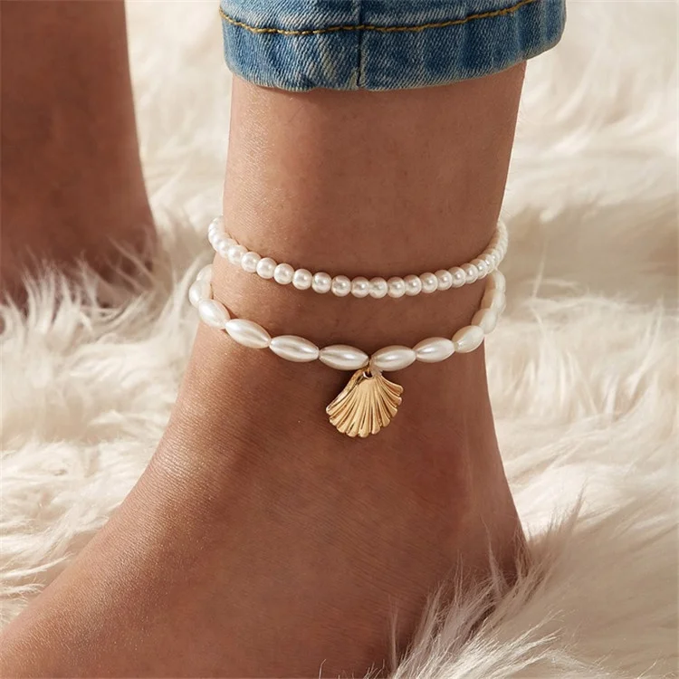 

2021 Fashion Hot Selling Summer multi-layered Pearl Anklets Set Beach Foot Jewelry Shell Pendant Anklet for Women