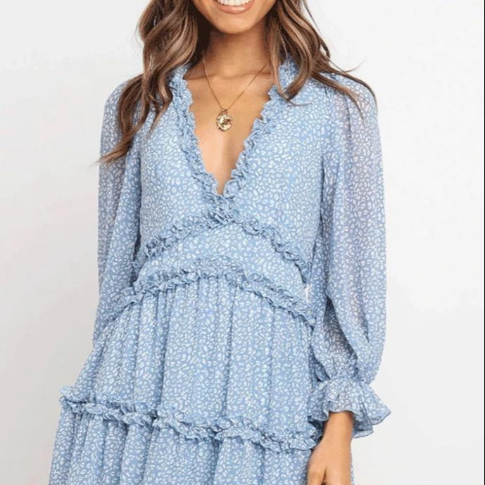 

2020 Spring Fashion Short Dress V-neck Lotus leaf Lantern sleeves Women Dress