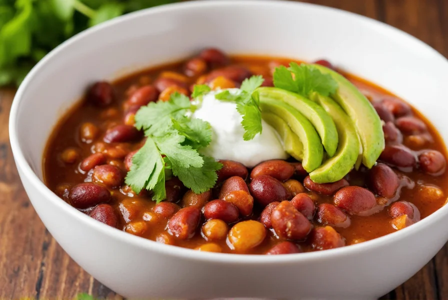 Bowl of bean chili served with various toppings including avocado, sour cream, and cilantro
