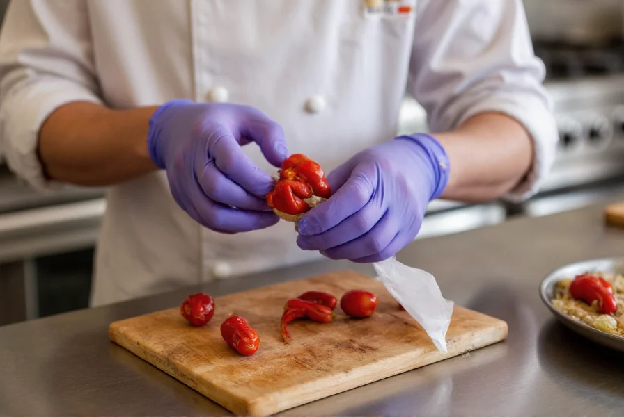 Chef carefully handling Trinidad Scorpion pepper with protective gloves on kitchen counter