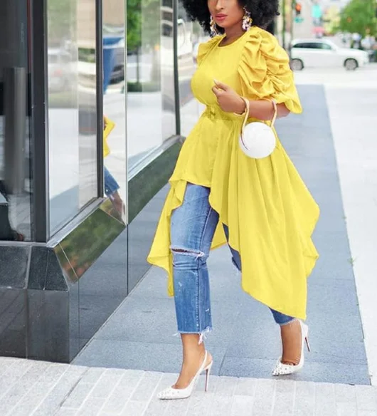 

2021 Summer New Arrive Puff Sleeve Asymmetric Pleated Women Casual Blouse