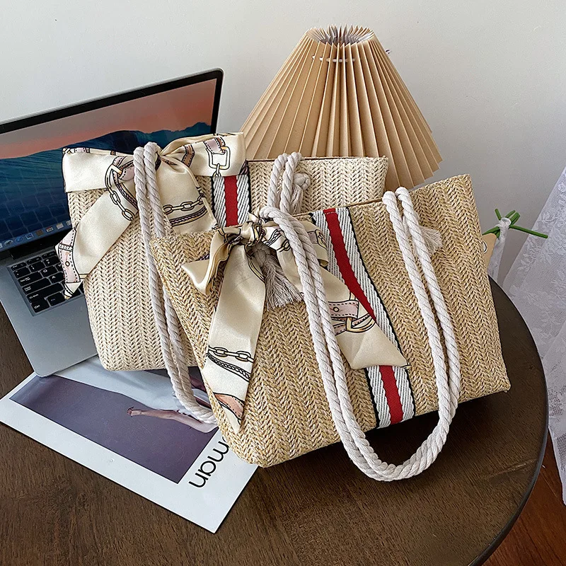 

Wholesale Fashion Summer Large Straw Beach Bags Weaving Big Handbag Fashion designer Women Handbags Straw Canvas Woven Tote Bag, 4 colors