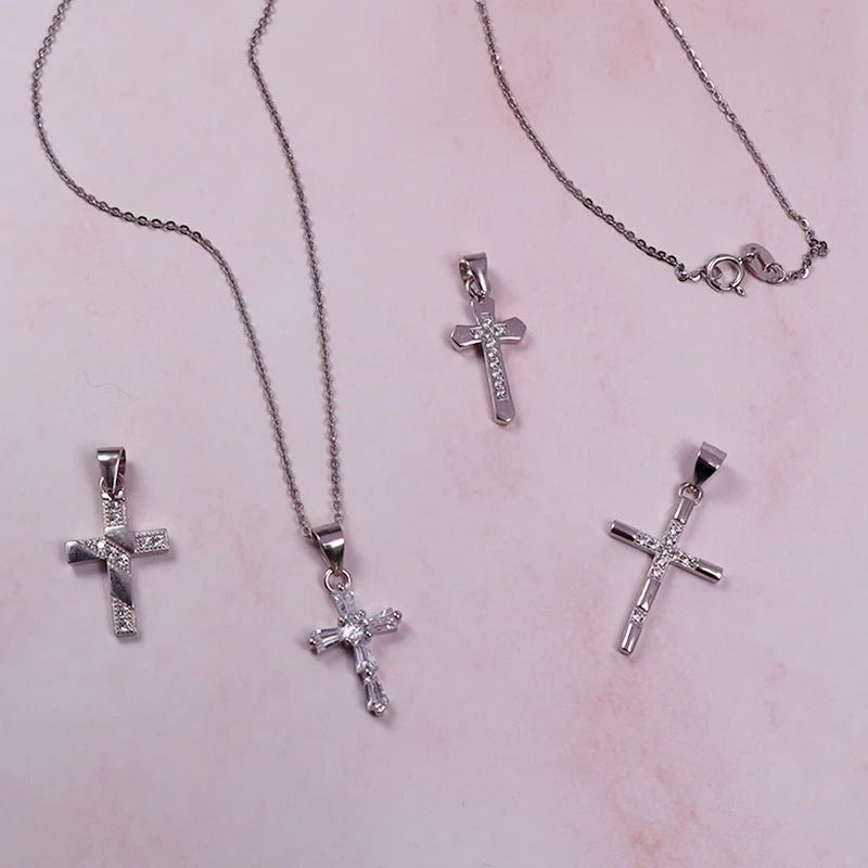 

European style 925 sterling silver CZ diamond christian catholic cross pendant chain jewelry necklace