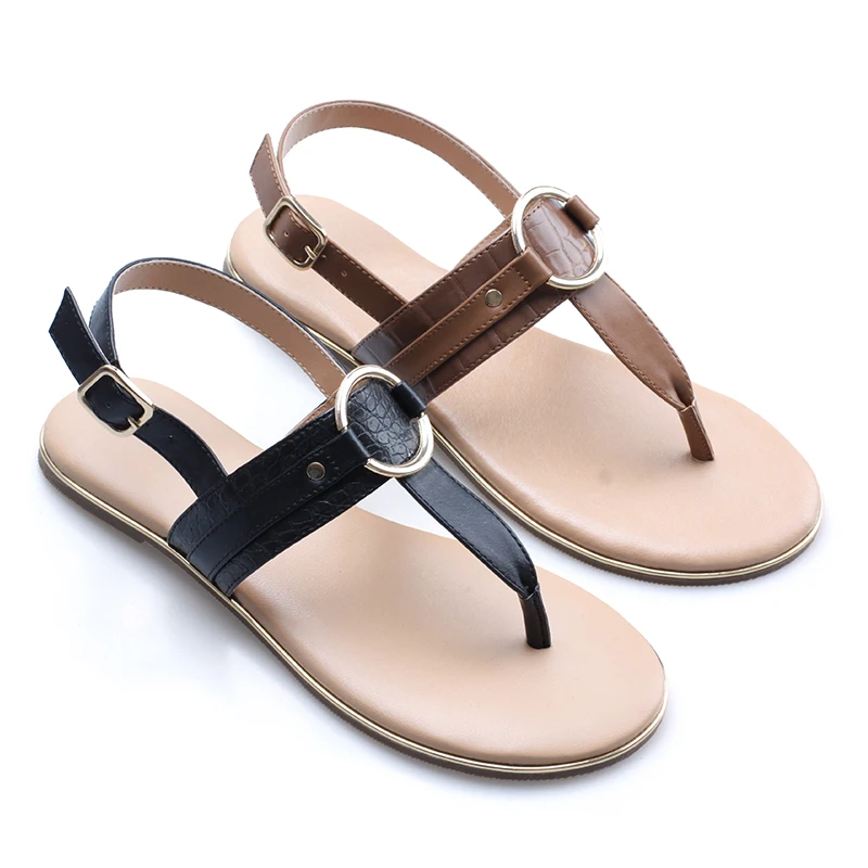 

2022 The women fashion fancy slip on T strap soft insole buckle elastic flat sandal shoes, Black/beige