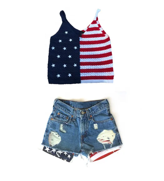 
Boutique Wholesale Kids American flag Denim Shorts Toddler Baby Girl Ripped shorts for 4th of July 
