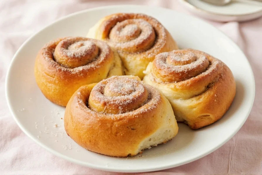 Freshly baked cinnamon rolls with creamy white icing drizzled on top, served on a rustic wooden board