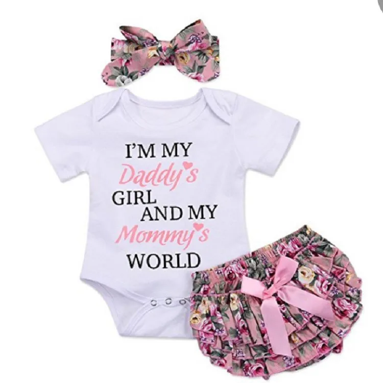 

Baby Girl Rompers Set Short Sleeve Cotton Tshirt with Letter+Floral Romper+Headband 3Pcs Newborn Clothes Outfit Children Sets, White