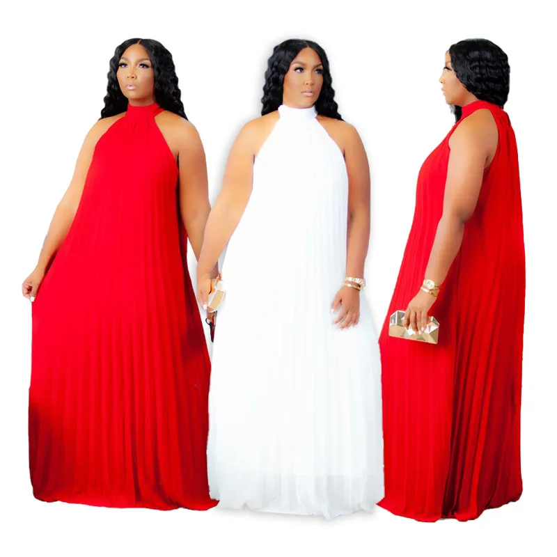

XL to 5XL new fashion red white color pleated two-layer fabric sleeveless halterneck plus size maxi dress