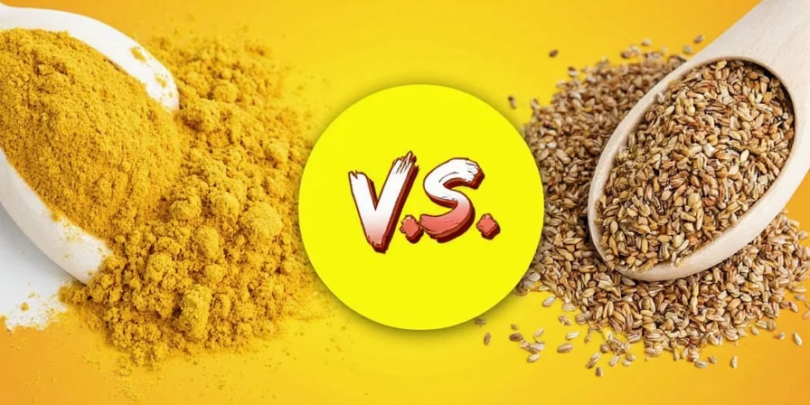 Spice shelf with mustard seeds and mustard powder placed together