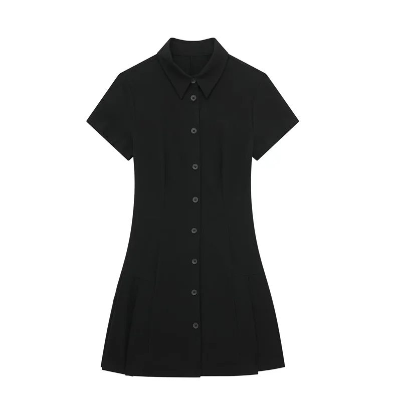 ZATRHMBM Summer Women's Mini Dress 2024 Women's Fashion Solid Color Casual Single Breasted Lapel Short Sleeve A-line Dresses