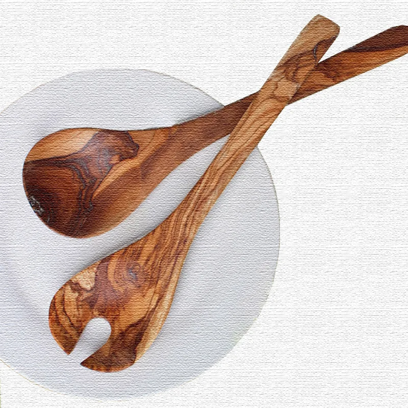 

Wooden fork spoon set, No paint salad spinner kitchenware, 2 pieces olive wood cutlery
