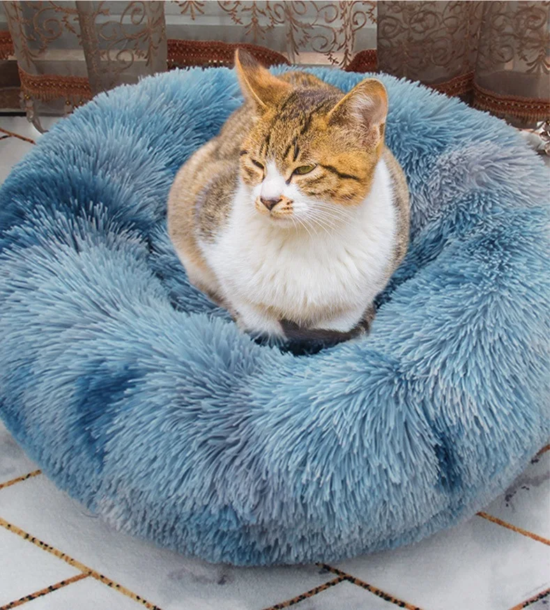 

Hot Sale Tie-dye Gradient Color Round Faux Fur Pet Cozy Cuddler Calming Donut Dog Bed Pet Deep Sleep Sweet Nest, Shown as picture