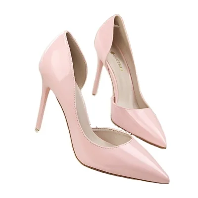 

Fashion simple stiletto high heel patent leather shallow mouth pointed toe hollow sexy thin high heels shoes