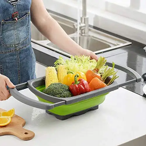 
Hot Selling Foldable Sink Kitchen Rectangle Strainer Collapsible Vegetable Fruit Silicone Collander Strainer 