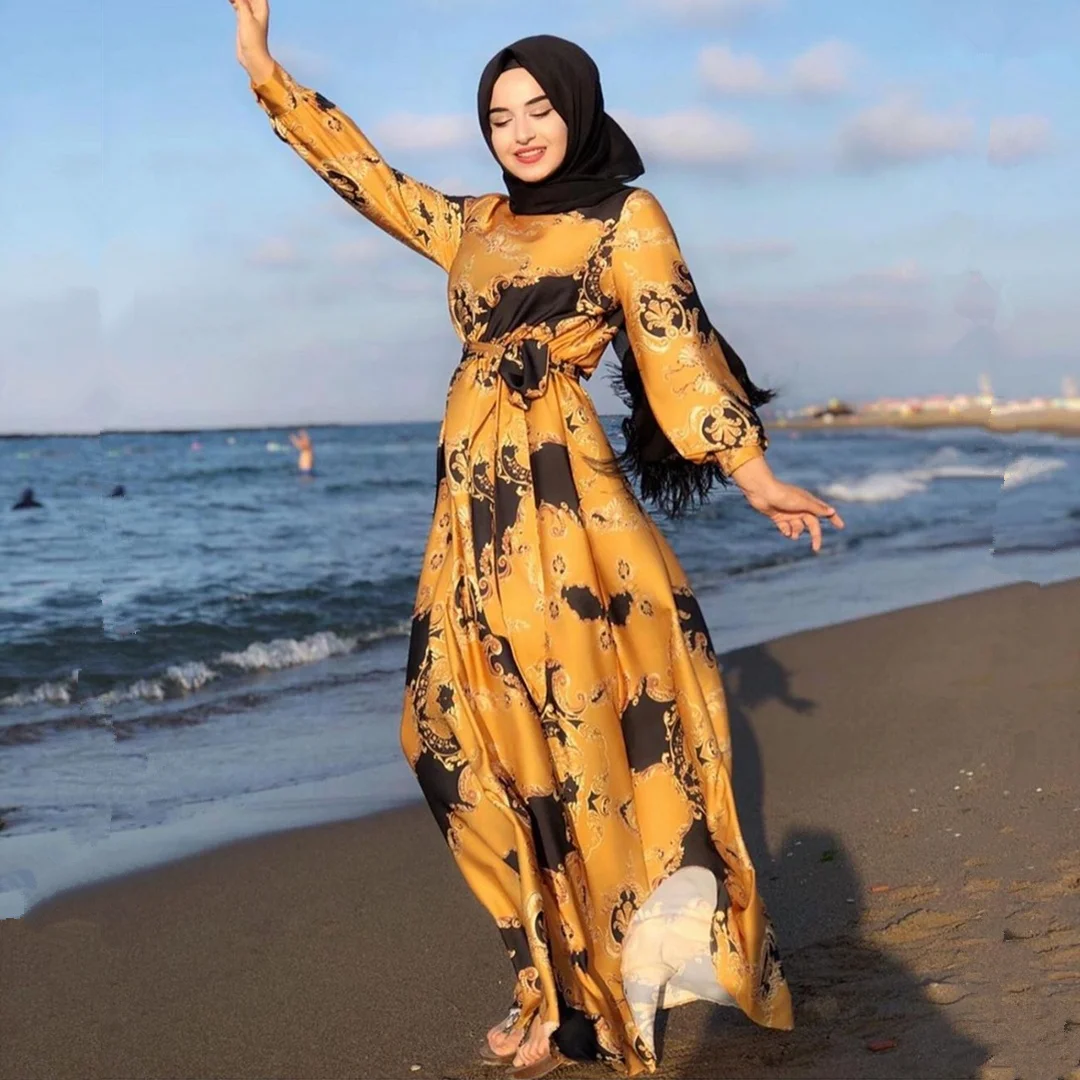 

2021 New Fashion Printed Nida Full Long Dress Muslim Abaya Jilbab Modest Women Hijab Dresses Casual Outfits, 2 colors