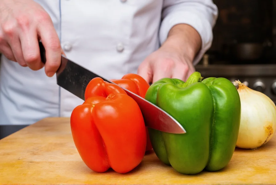 Professional chef slicing red and green bell peppers alongside yellow onions on a wooden cutting board with proper knife grip