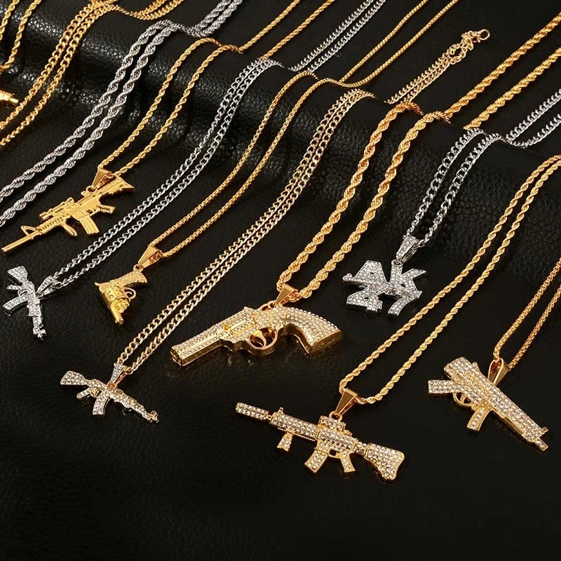 

Fashion AK47 Revolver Uzi Gun Pendant Necklaces Women Men Hip Hop Jewelry Steampunk Bling Rhinestone Gold Long Chain Necklace, As pictures