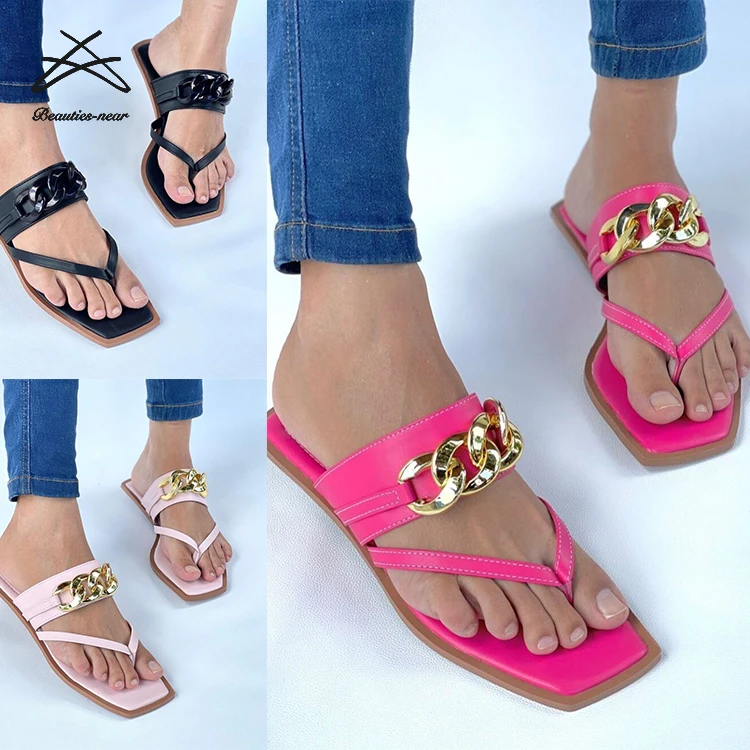 

2022 Summer Beach Chain Slippers Women's Flip Flop Solid Color Square Open Toe Flat Sandals For Ladies