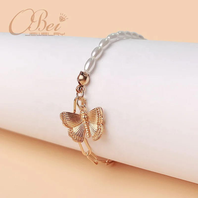 

Obei Man Jewelry 18K Gold Plated Butterfly Charm Bracelet Pearl Beaded Bangle Women's Bangle Fashion Design Wholesale, Gold plated bracelets