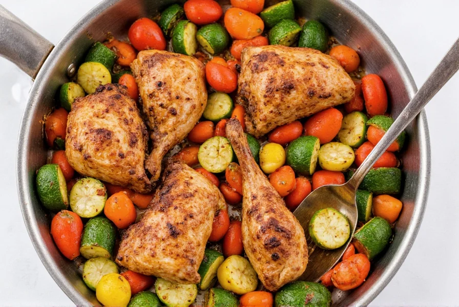 Cooking pan showing the roasting process of chicken and veggies