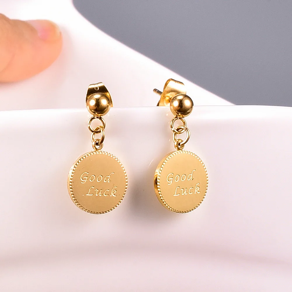 

Romantic creative Engraved Letter Good Luck Disc Drop Pendant Earring Personality Stainless Steel Letter Coin Drop Earrings