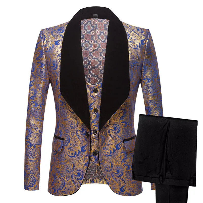 
Mens Three-piece Set Wedding Suits Gold Floral Pattern Slim Fit Party Prom Dress Tuxedo Singers Costume Smoking Uomo 