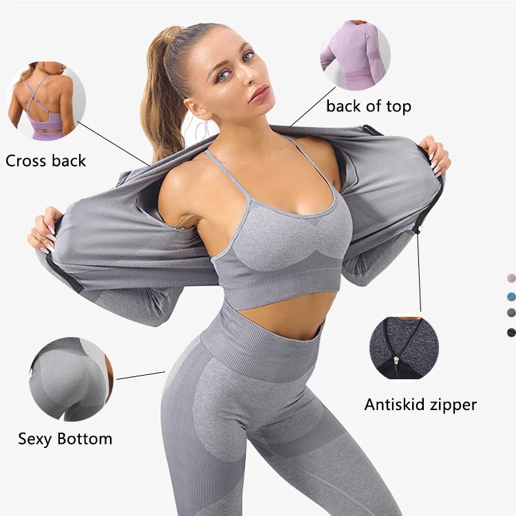 

2/3 Piece Seamless Yoga Set Long Sleeve Jacket High Waisted Leggings For Women Sports Bra Workout Activewear Gym Fitness Sets