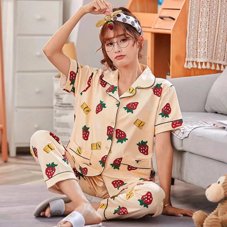 

Women Plus Size 7XL Sleepwear Summer Pijama Pillama De Mujer Fruit Printed Loungewear Girl Pyjama Short Sleeve Cotton Pajama