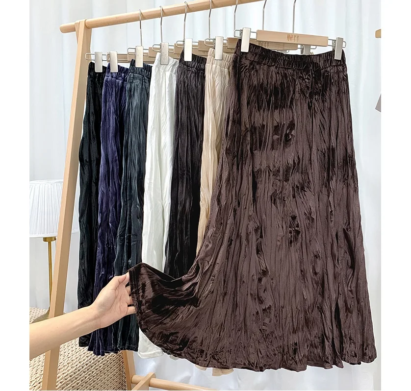 

Autumn And Winter Midi High Waist Womens Velvet Long Pleated Skirts