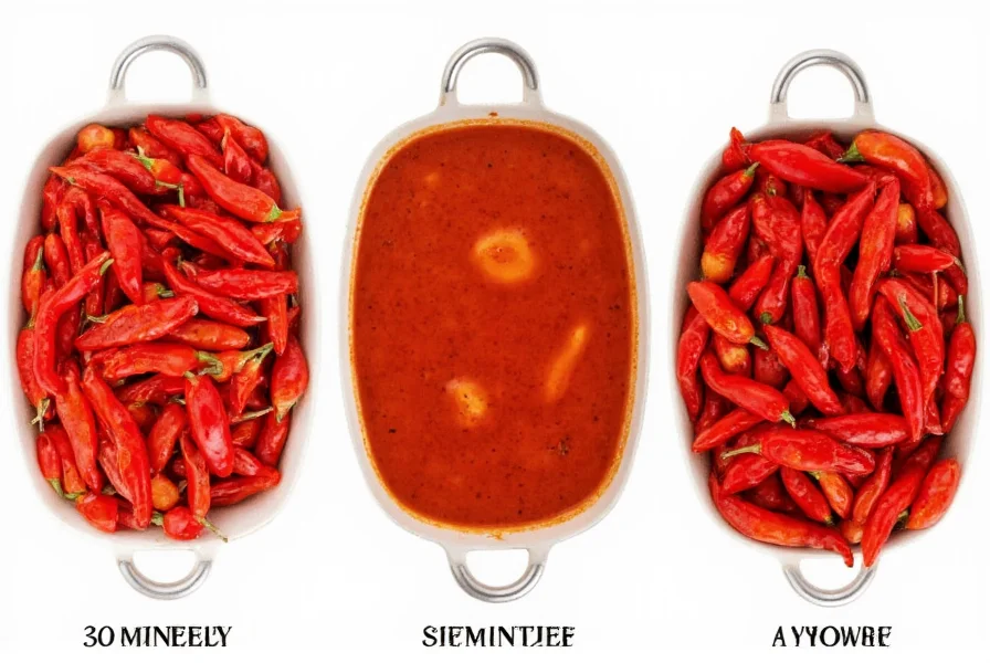 Comparison of chili at different simmering stages: 30 minutes, 90 minutes, and 3 hours showing visual texture differences